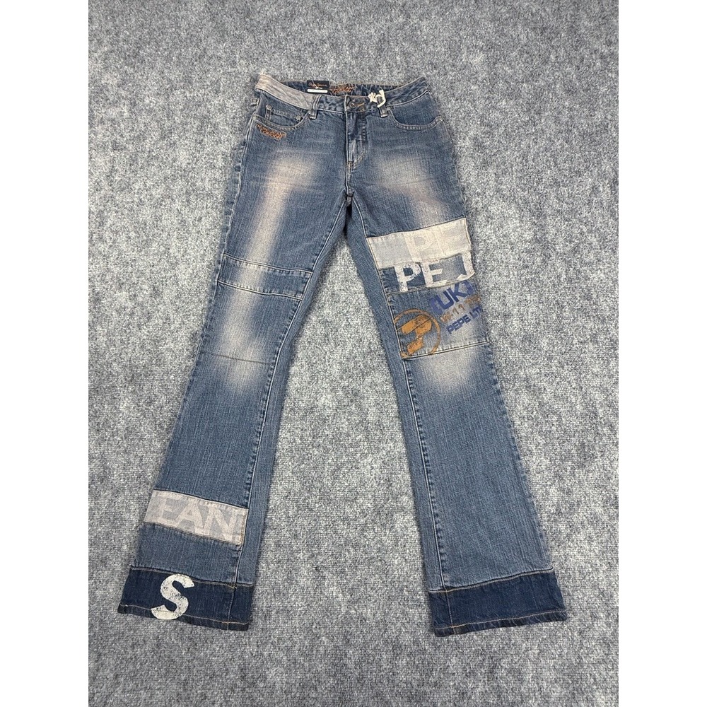 Pepe Jeans London Milla 61536 Flare Graphic Patch Denim Jeans Blue Size 28 NWT
